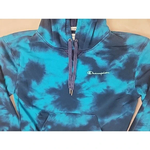 Champion Hoodie Womens Medium Blue Tie Dye Signature Logo Pullover Sweatshirt - Picture 2 of 10